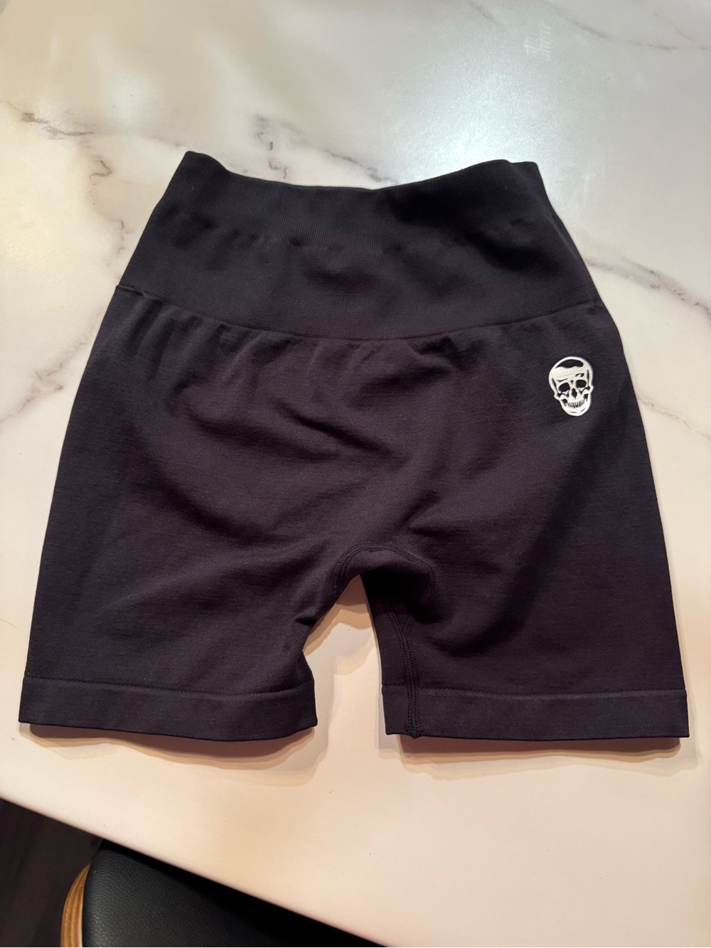 High-Waist Black Bike Shorts with White Skull Accent